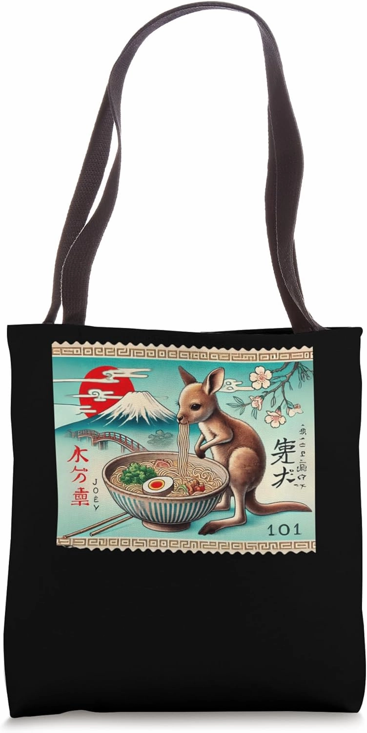 Japanese Mt. Fuji Sunset Postage Stamp Kangaroo Joey Ramen Tote Bag