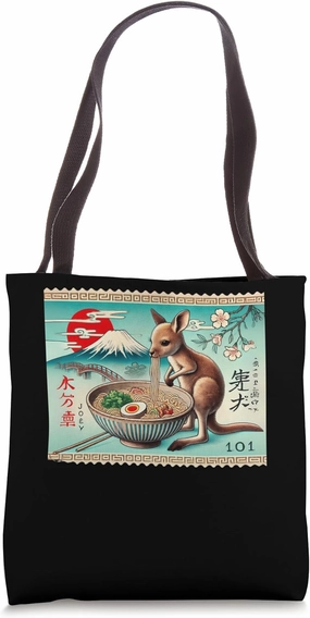 Japanese Mt. Fuji Sunset Postage Stamp Kangaroo Joey Ramen Tote Bag