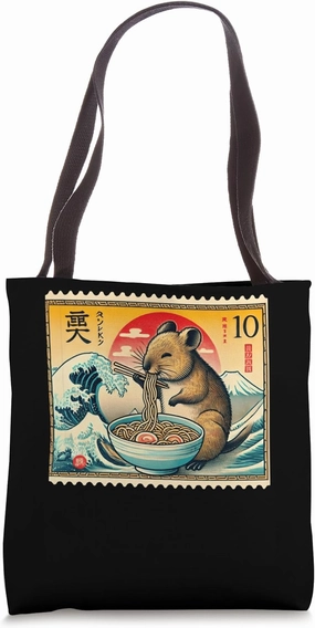Japanese Sunset Mt. Fuji Postage Stamp Cute Quokka Ramen Tote Bag