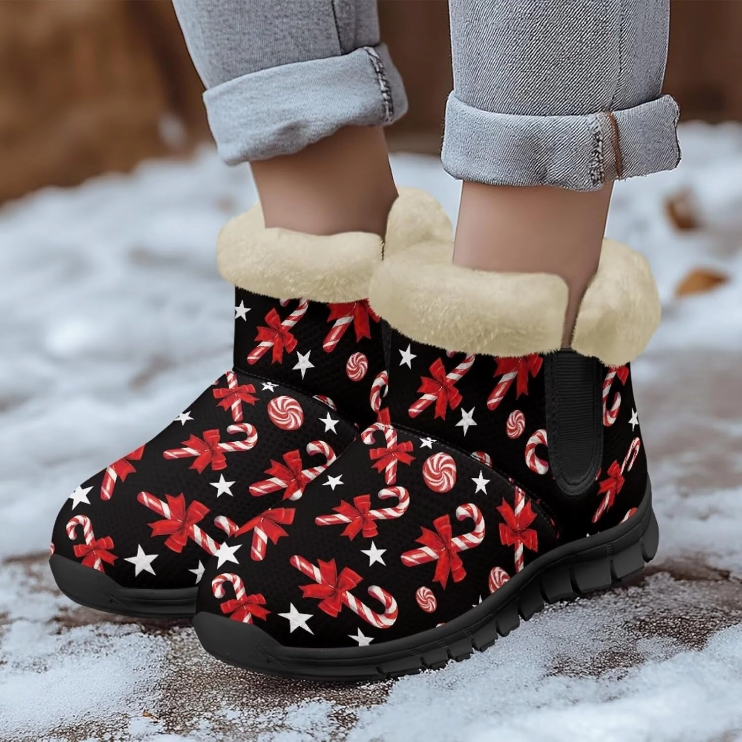 Jeiento Christmas Snow Boots for Women Fuzzy Ankle Booties Hiking Boots Non Slip