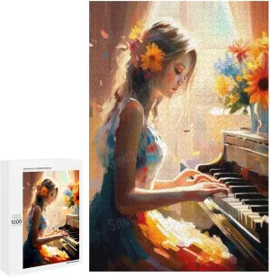 Jigsaw Puzzles 1000 Pieces for Adults-Painted Flower Piano Girl -Wooden Puzzle, Youth Children Colorful Puzzle, Decompress Game, Challenge Puzzle, Toy Best Gift, Family Game