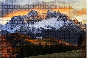 Jigsaw Puzzles 1000 Pieces for Adult Sunrise Idyllic Alpine Scenery Farmhouse Front Wilder Austria Puzzle Game for Family Wooden Puzzle Toy Educational Games Puzzles for Home Decor