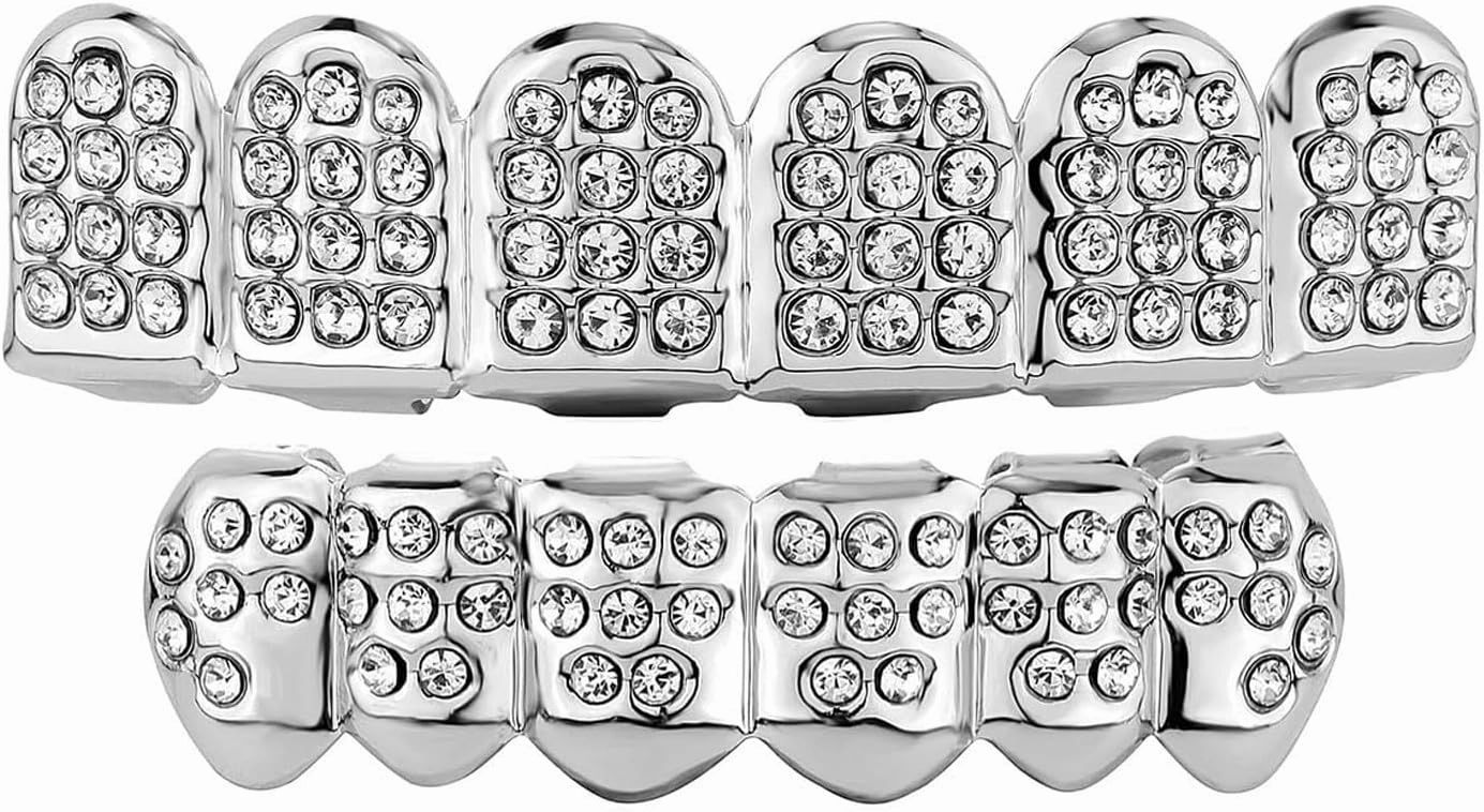 JINAO Diamond Grills for Your Teeth 14K Gold Plated Iced Out Mouth Teeth Grillz Top Bottom Tooth Caps Hip Hop Bling New Gold Silver Grill for Men Women Costume Jewelry