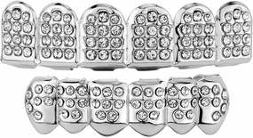 JINAO Diamond Grills for Your Teeth 14K Gold Plated Iced Out Mouth Teeth Grillz Top Bottom Tooth Caps Hip Hop Bling New Gold Silver Grill for Men Women Costume Jewelry