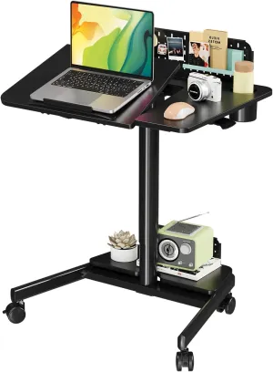 JOY worker Mobile Standing Desk with 60° Tiltable Desktop, 28" Height Adjustable Rolling Desk, DIY Pegboard & Storage Base, Portable Laptop Desk with 4 Lockable Wheels for Home Office, Black