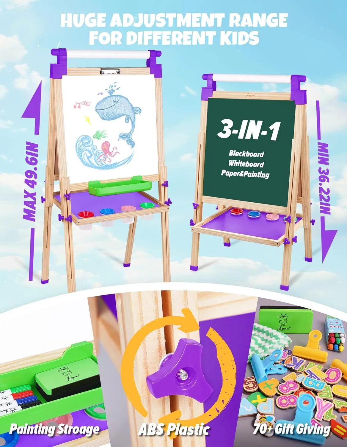 JOYOOSS Kids Art Easel - Wooden Toddler Easel with Paper Roll - Chalkboard & Dry Erase Board, Ages 4-8