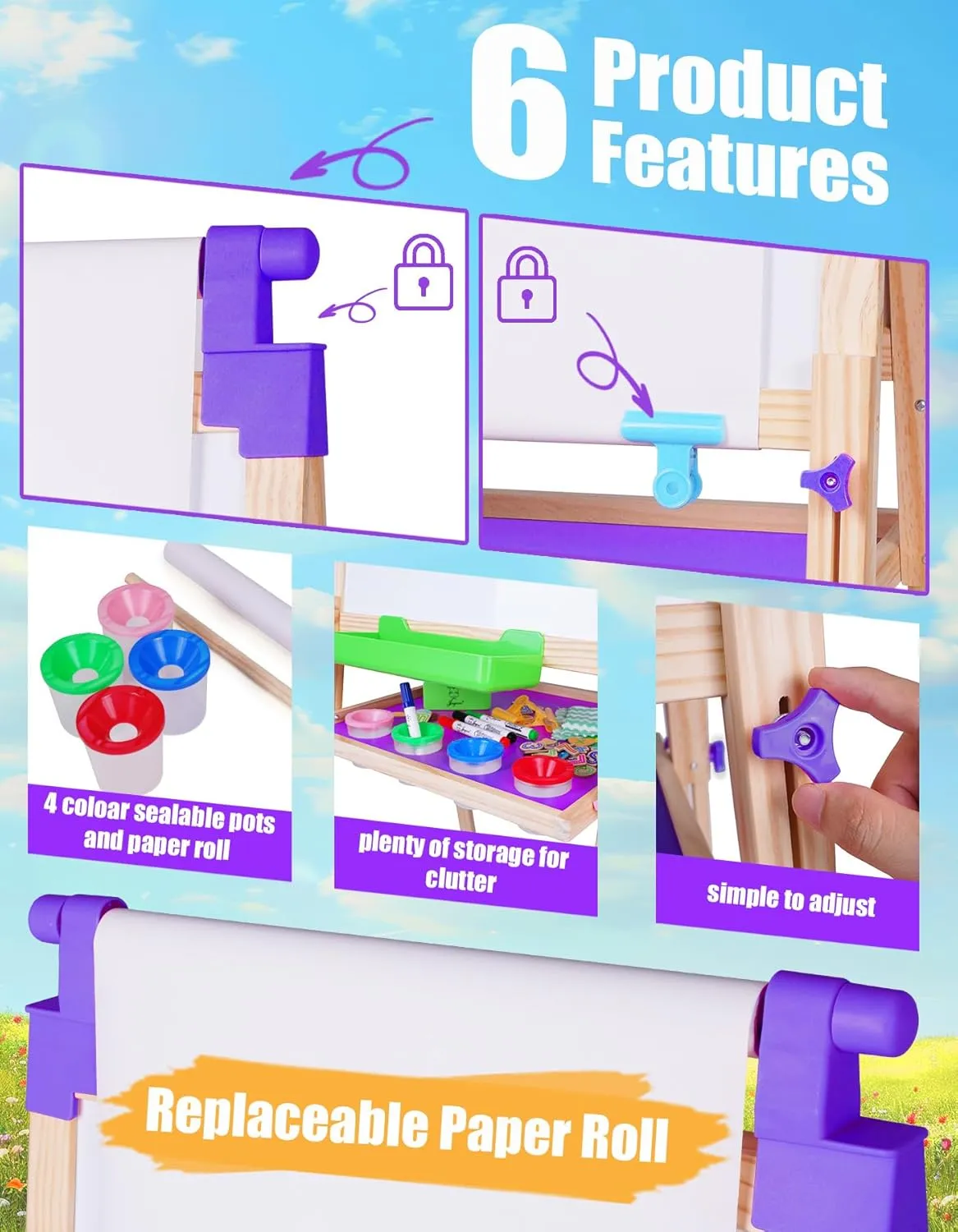 JOYOOSS Kids Art Easel - Wooden Toddler Easel with Paper Roll - Chalkboard & Dry Erase Board, Ages 4-8