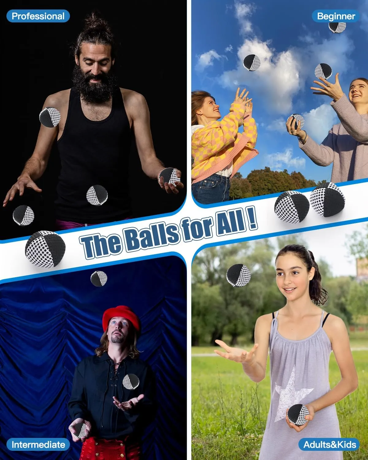 Juggling Balls for Beginners and Professionals Set of 3, Juggling Bean Bags,Durable Juggle Ball Kit (Black - White 4.2 oz)