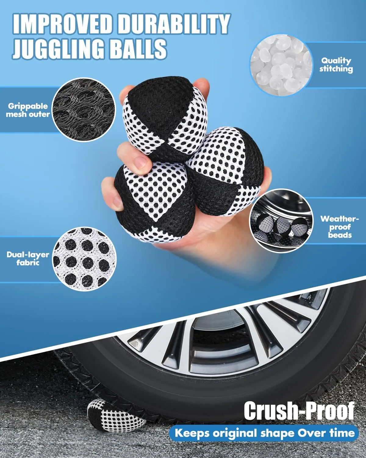 Juggling Balls for Beginners and Professionals Set of 3, Juggling Bean Bags,Durable Juggle Ball Kit (Black - White 4.2 oz)