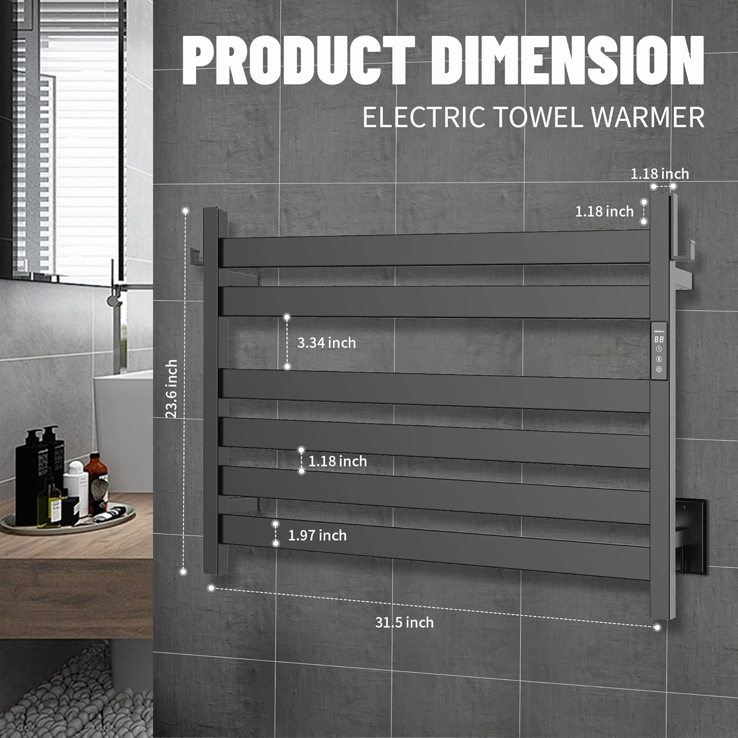 K&KALONZO Towel Warmer for Bathroom, Wall-Mounted 6-Bar Heated Towel Rack with Built-in Timer, Waterproof Electric Towel Heater, Support Plug-in and Hardwired, Matte Black, EL18M