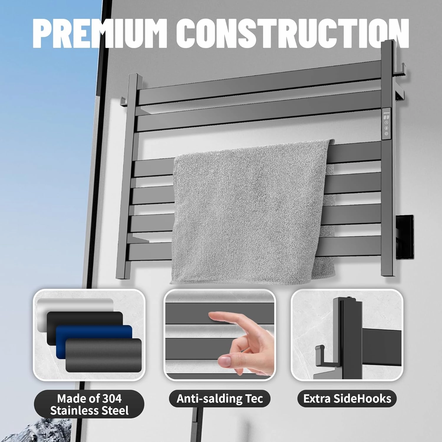 K&KALONZO Towel Warmer for Bathroom, Wall-Mounted 6-Bar Heated Towel Rack with Built-in Timer, Waterproof Electric Towel Heater, Support Plug-in and Hardwired, Matte Black, EL18M