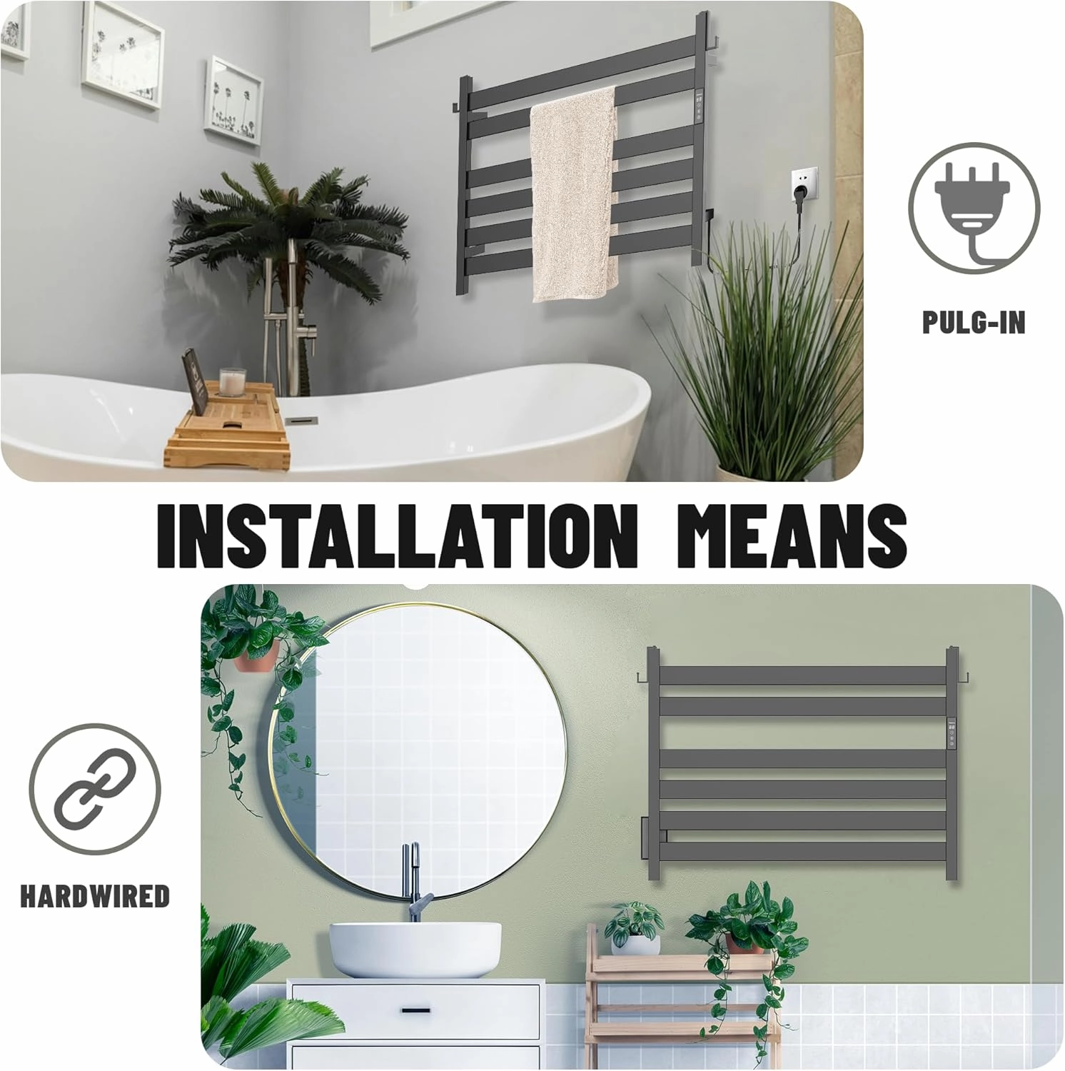K&KALONZO Towel Warmer for Bathroom, Wall-Mounted 6-Bar Heated Towel Rack with Built-in Timer, Waterproof Electric Towel Heater, Support Plug-in and Hardwired, Matte Black, EL18M