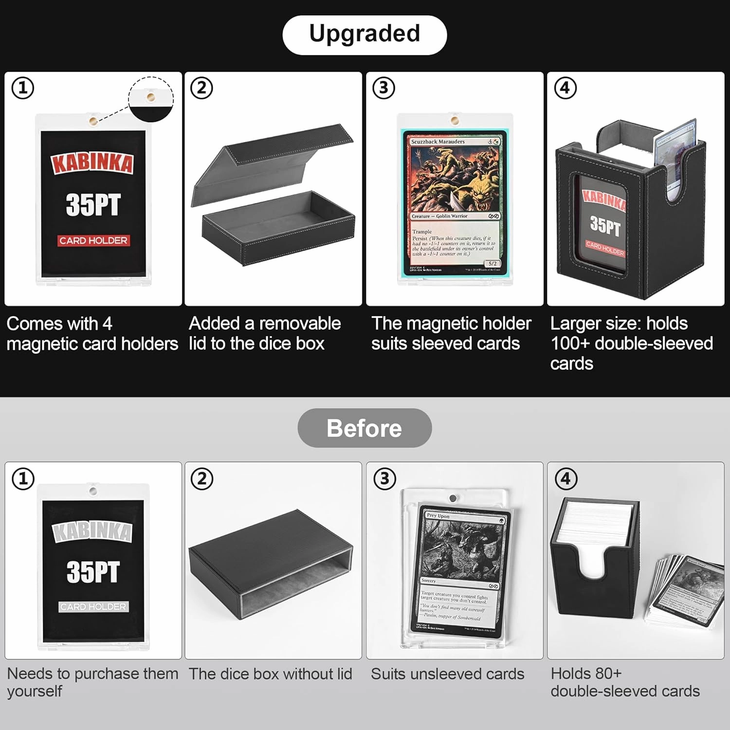 Kabinka Deck Box for MTG Commander Display, 5 in 1 Trading Card Storage Box Fits 400  Double-sleeved Cards, Removable Deck Case for TCG/Sports Cards with Dice Tray, 4 Magnetic Card Holders (Black)