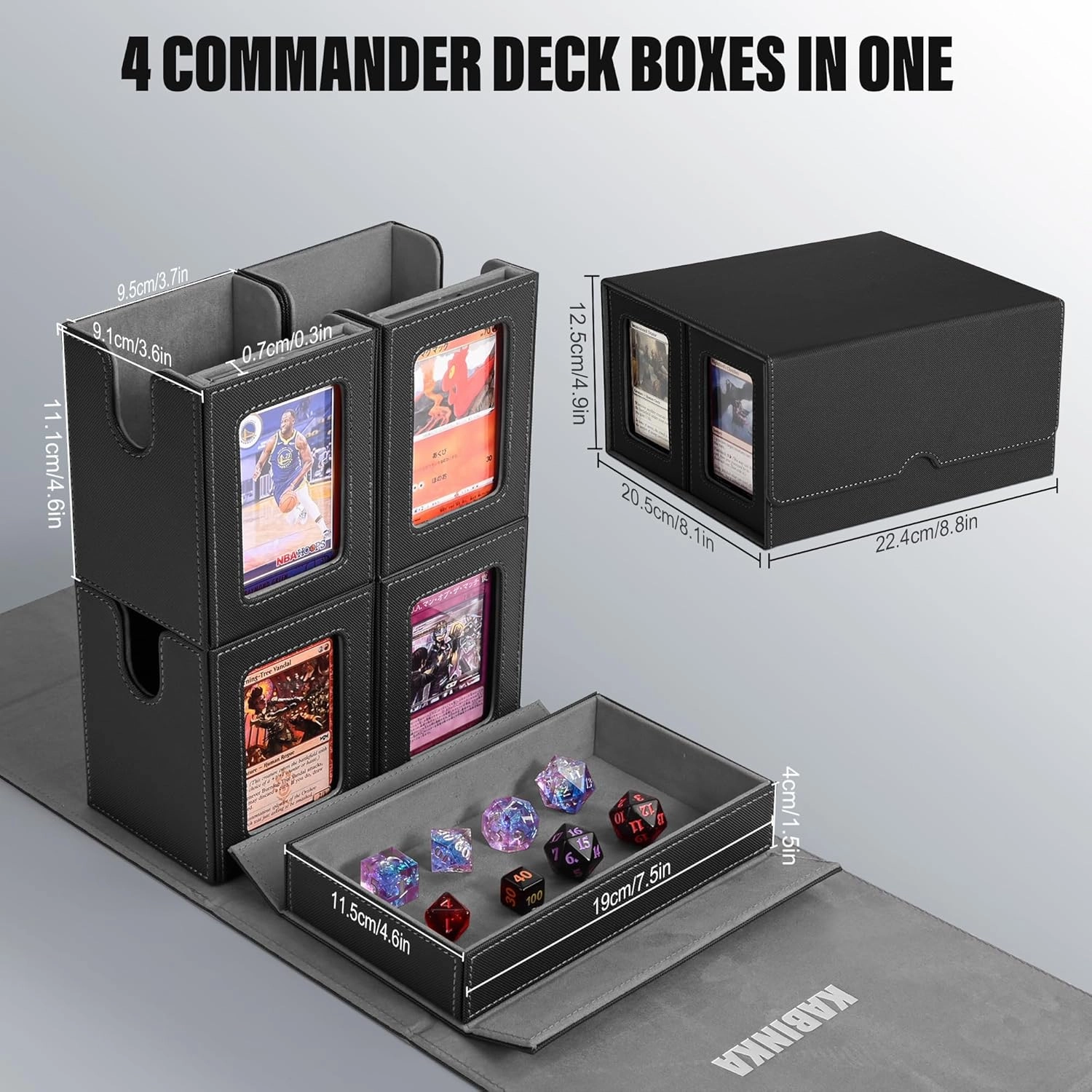 Kabinka Deck Box for MTG Commander Display, 5 in 1 Trading Card Storage Box Fits 400  Double-sleeved Cards, Removable Deck Case for TCG/Sports Cards with Dice Tray, 4 Magnetic Card Holders (Black)
