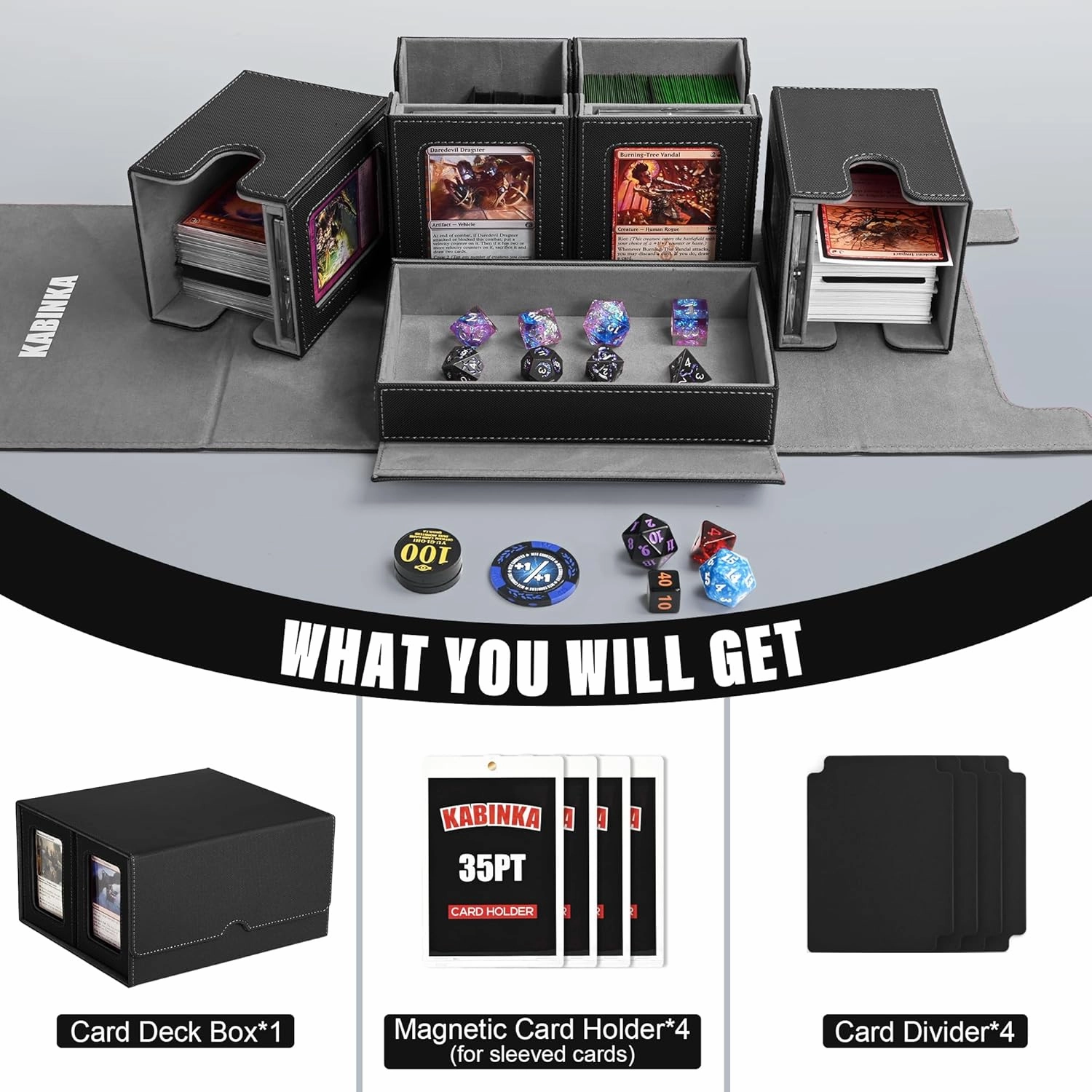 Kabinka Deck Box for MTG Commander Display, 5 in 1 Trading Card Storage Box Fits 400  Double-sleeved Cards, Removable Deck Case for TCG/Sports Cards with Dice Tray, 4 Magnetic Card Holders (Black)