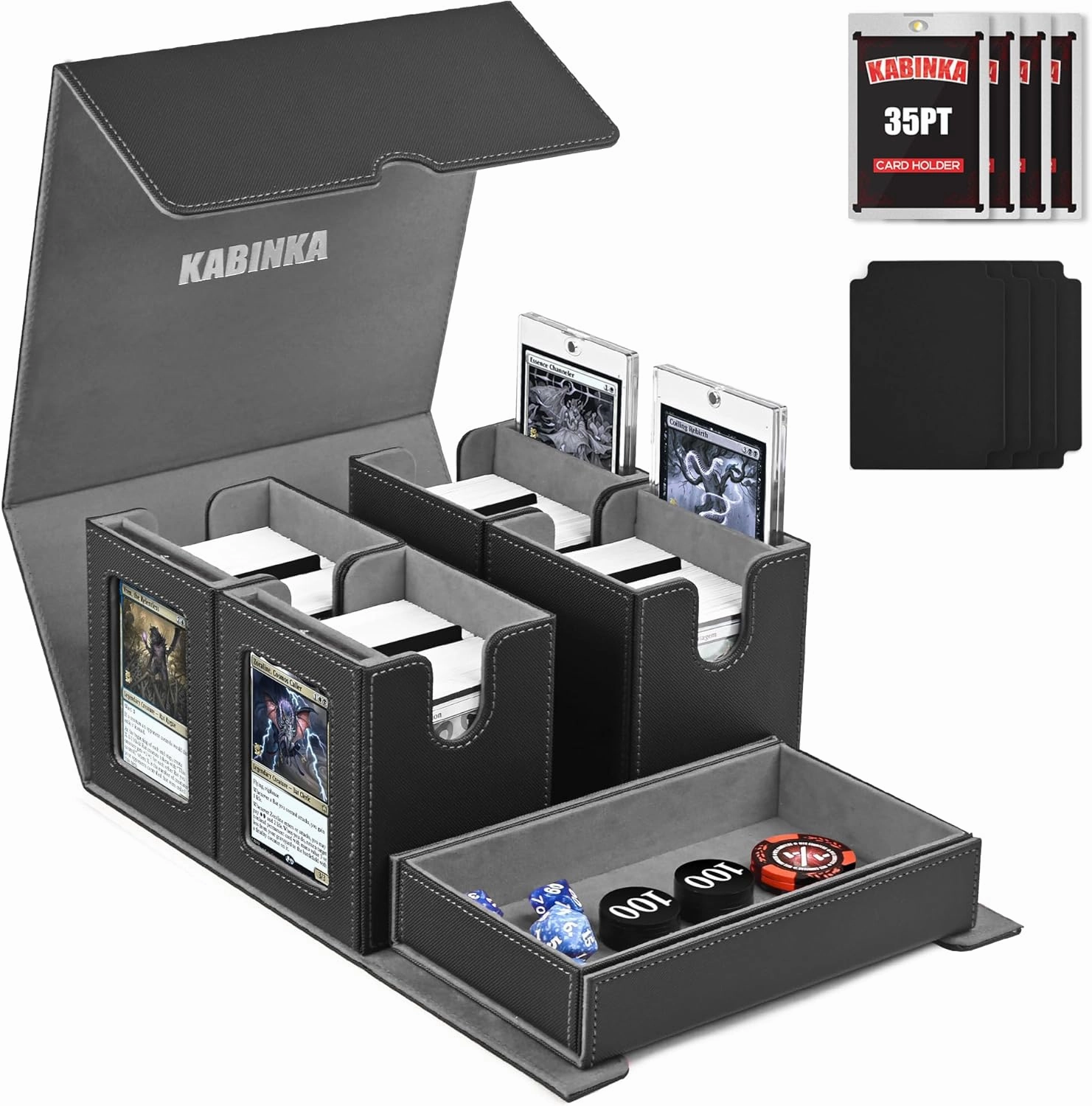 Kabinka Deck Box for MTG Commander Display, 5 in 1 Trading Card Storage Box Fits 400  Double-sleeved Cards, Removable Deck Case for TCG/Sports Cards with Dice Tray, 4 Magnetic Card Holders (Black)