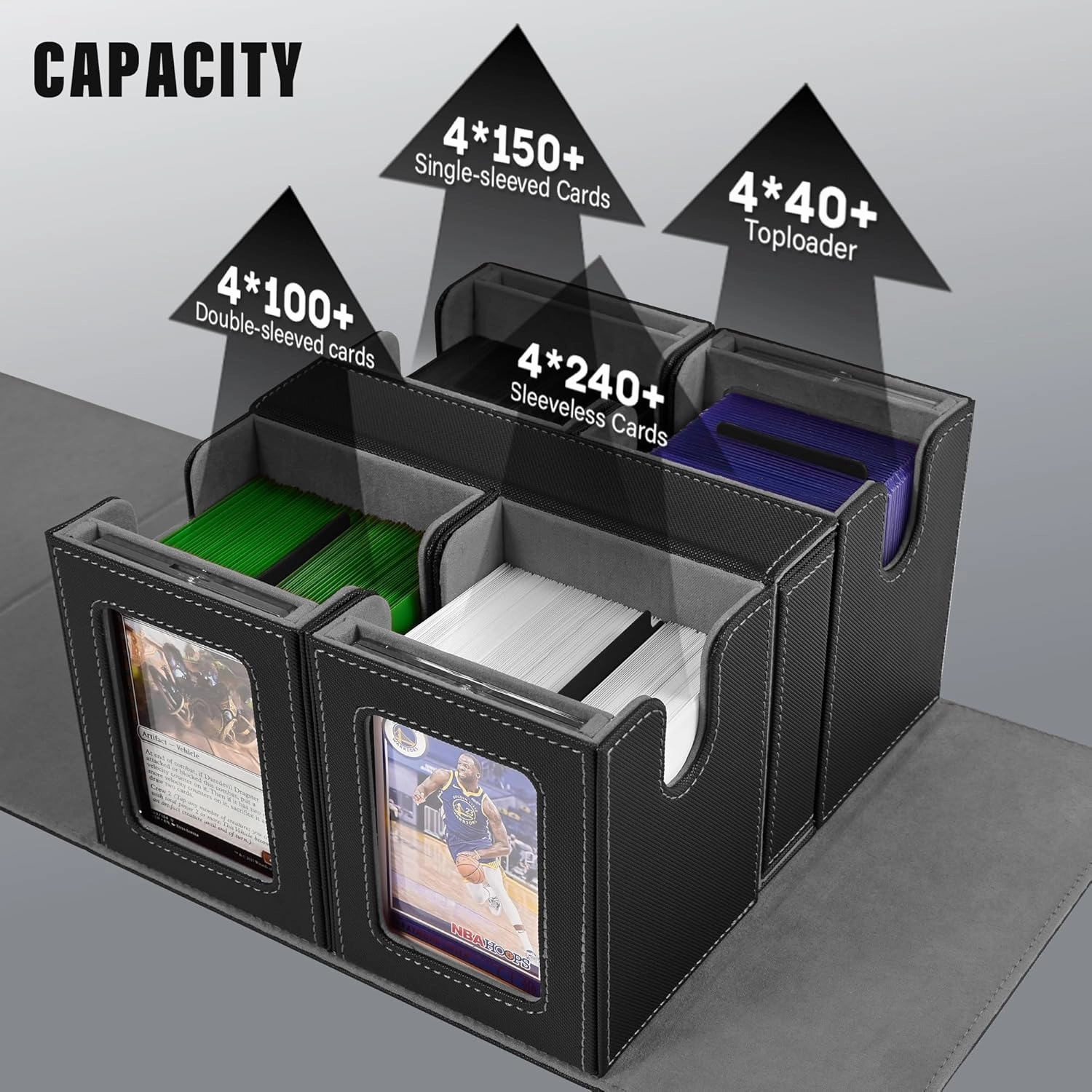 Kabinka Deck Box for MTG Commander Display, 5 in 1 Trading Card Storage Box Fits 400  Double-sleeved Cards, Removable Deck Case for TCG/Sports Cards with Dice Tray, 4 Magnetic Card Holders (Black)
