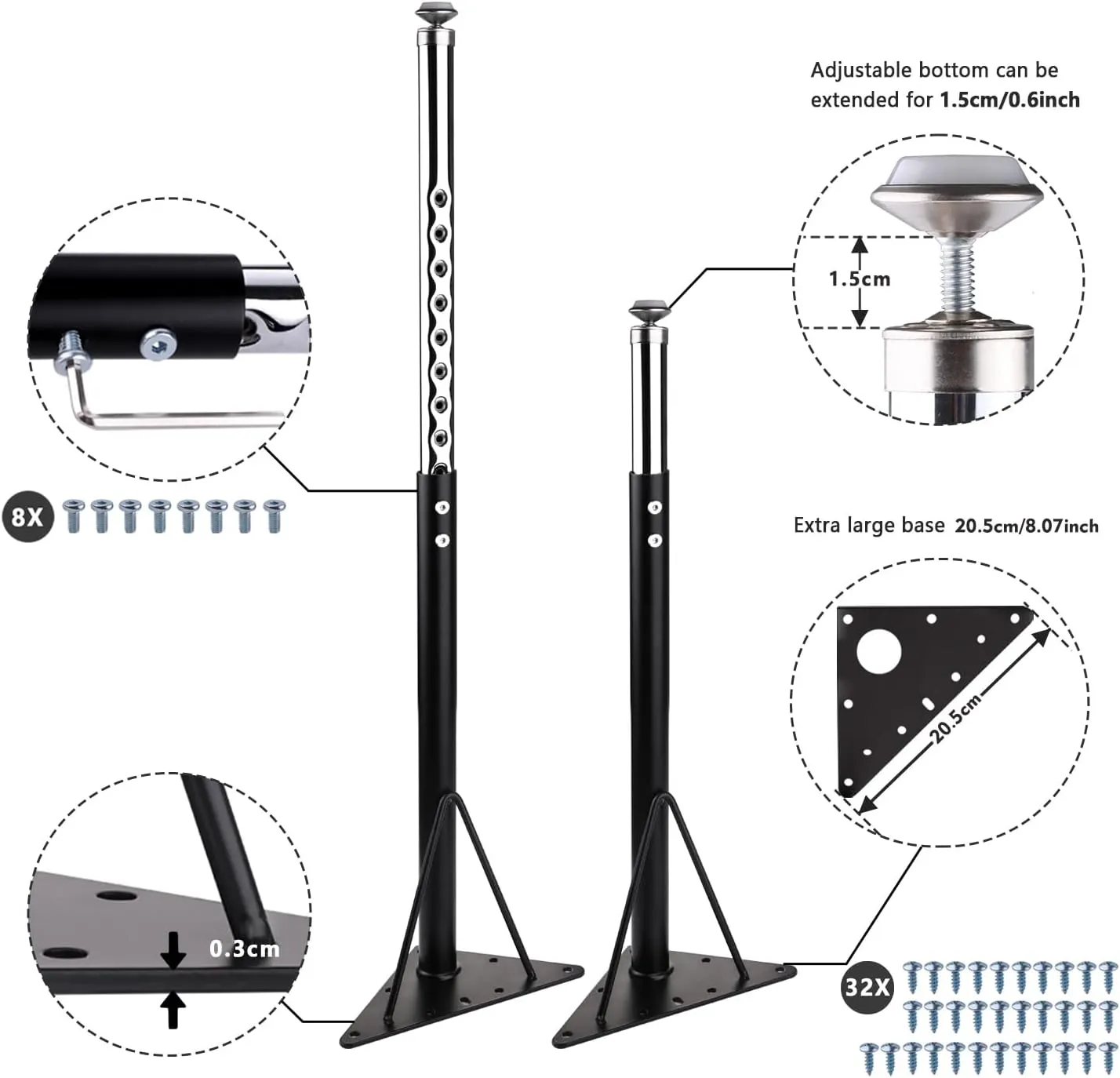 KAZAKA Adjustable Table Legs, 20-30 inch for Activity & Office Tables - Set of 4 (Black)