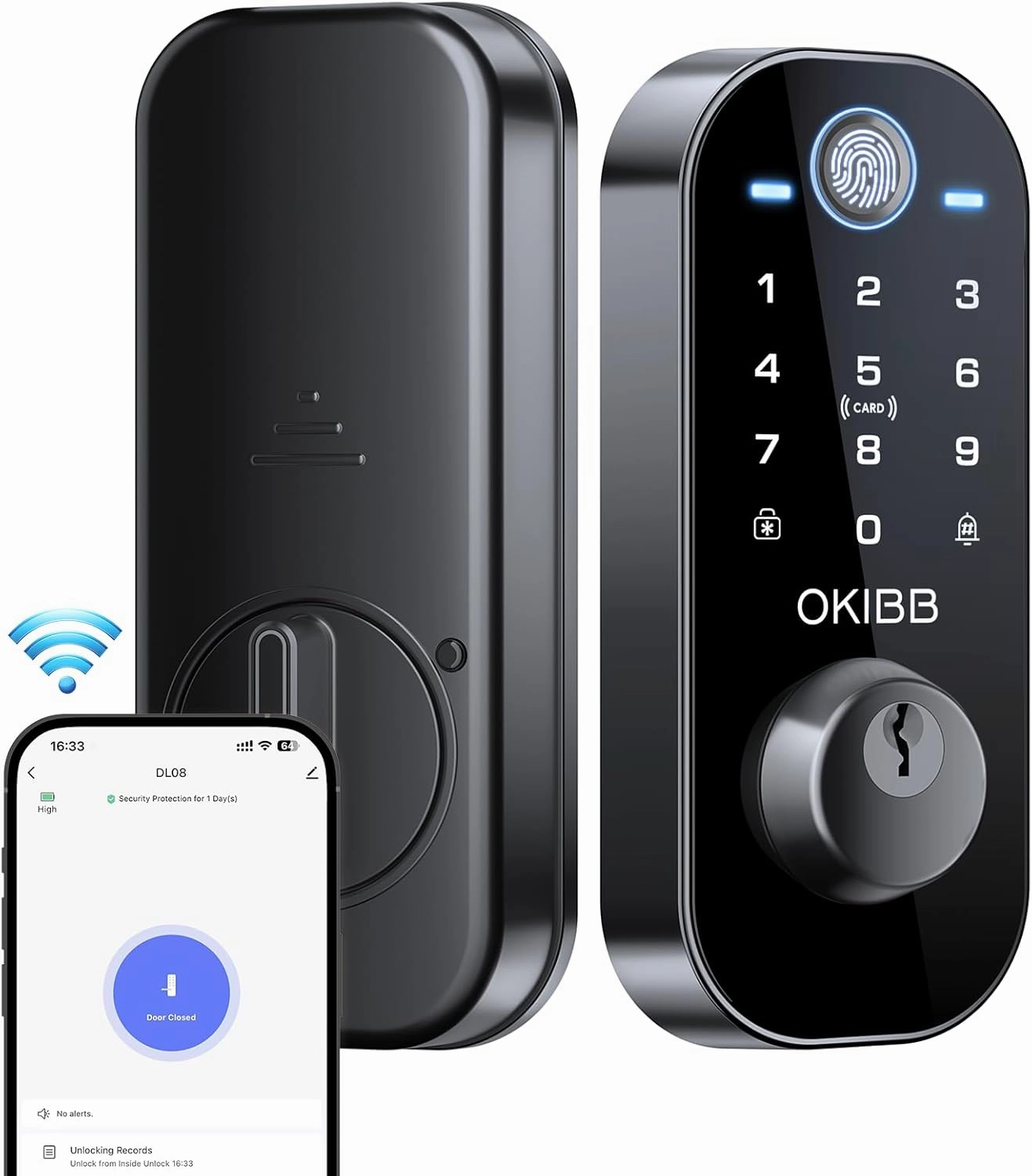Keyles Entry Door Lock with Built-in Wi-Fi App Remote Control, OKIBB Fingerprint Door Lock with Doorbell, Smart Locks for Front Door, Auto Locking, Black