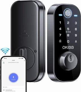 Keyles Entry Door Lock with Built-in Wi-Fi App Remote Control, OKIBB Fingerprint Door Lock with Doorbell, Smart Locks for Front Door, Auto Locking, Black
