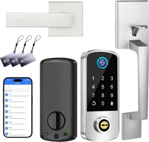 Keyless Entry Door Deadbolt with Handle Set, BEBASIA Fingerprint APP Smart Door Lock, Digital Keypad Bluetooth Deadbolt Lockset with Auto Lock Code Fob Satin Nickel