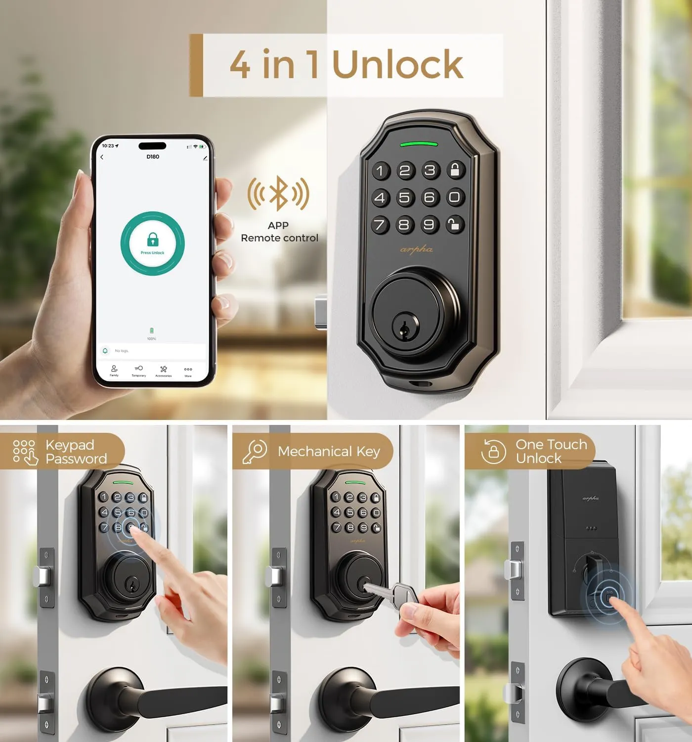 Keyless Entry Door Lock With 2 Handle Set - App Control Electronic Keypad - 100 Code Capacity - Front Door Set - One Time Code - Auto Lock Easy Installation