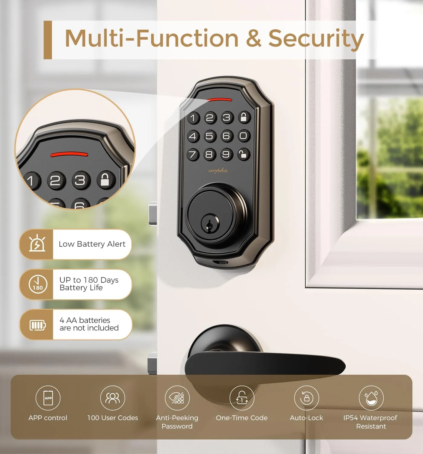 Keyless Entry Door Lock With 2 Handle Set - App Control Electronic Keypad - 100 Code Capacity - Front Door Set - One Time Code - Auto Lock Easy Installation