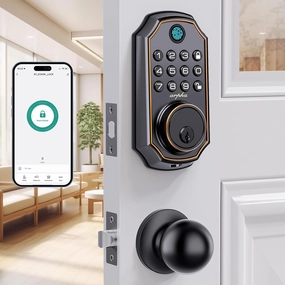 Keyless Entry Door Lock Deadbolt with Handle Set - Arpha 100 Code Smart Fingerprint Door Lock with App Control, Anti-Peeping Password Auto Locks, One Time Code, Zinc Alloy Black