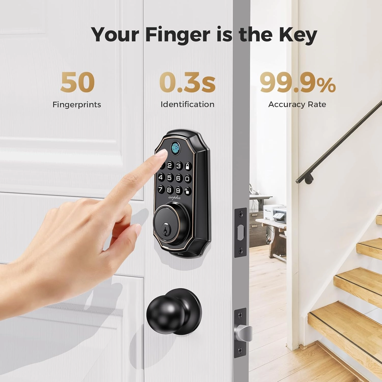 Keyless Entry Door Lock Deadbolt with Handle Set - Arpha 100 Code Smart Fingerprint Door Lock with App Control, Anti-Peeping Password Auto Locks, One Time Code, Zinc Alloy Black