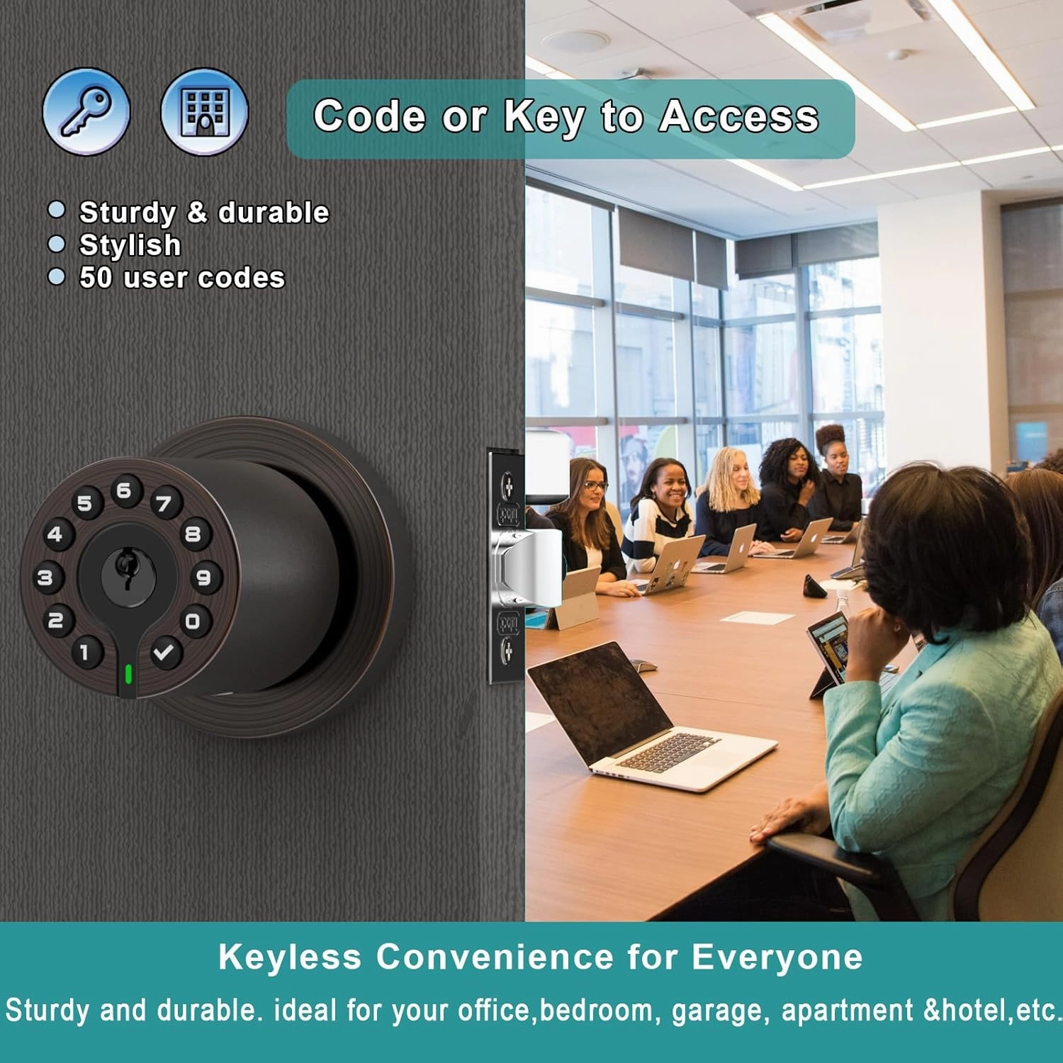 Keypad Door Knob with Key, Keyless Code Entry Lock, Auto Lock, 50 User Code, Easy to Install, for Home,Office, Hotel, Bedroom, Garage, Not Deadbolt(Oil Rubbed Bronze)