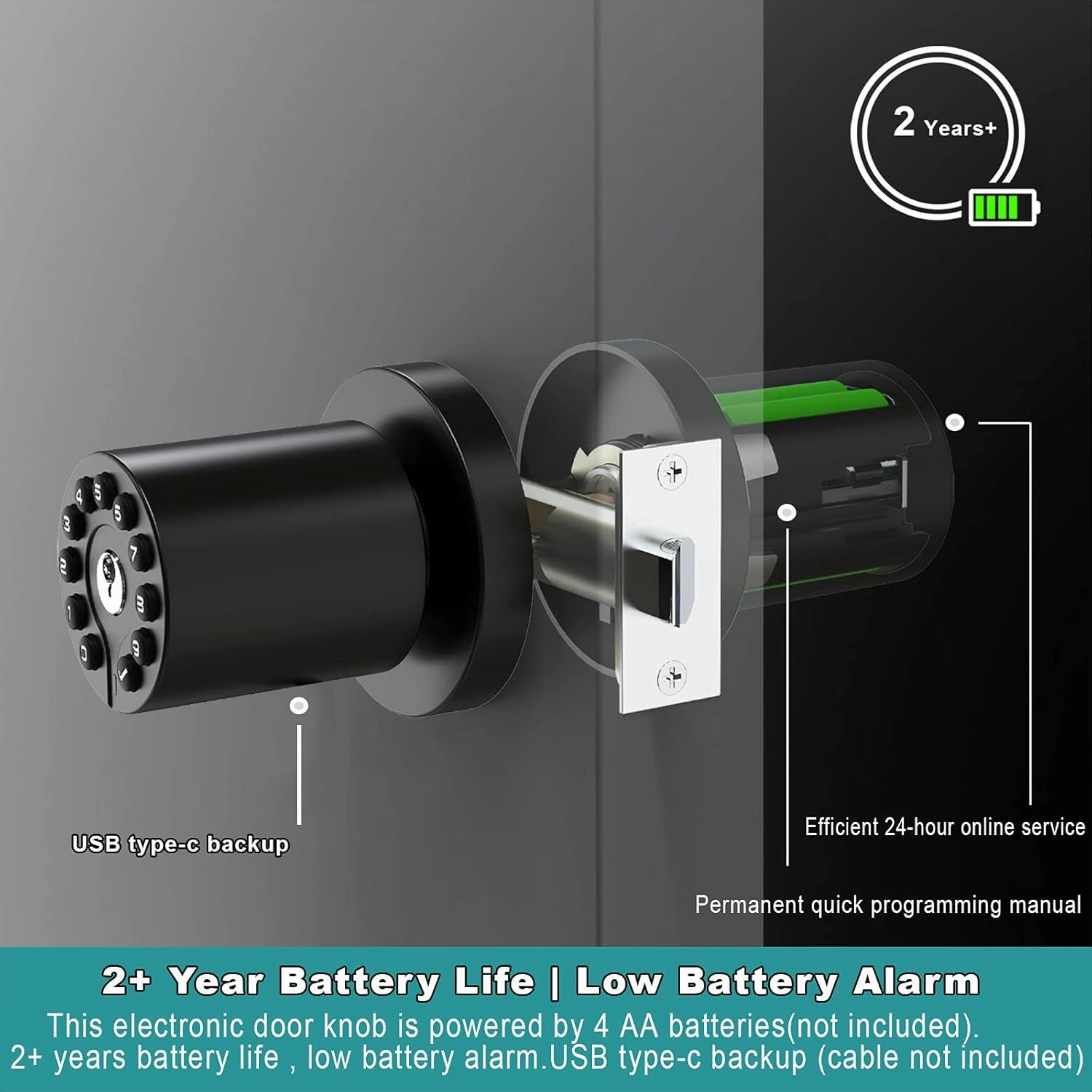 Keypad Door Knob with Key,Keyless Entry Door Lock, Code Locks Door Knob, Auto Lock,50 User Code,Easy to Install,for Home,Office,Hotel,Bedroom,Garage,No Deadbolt, Matte Black Finish