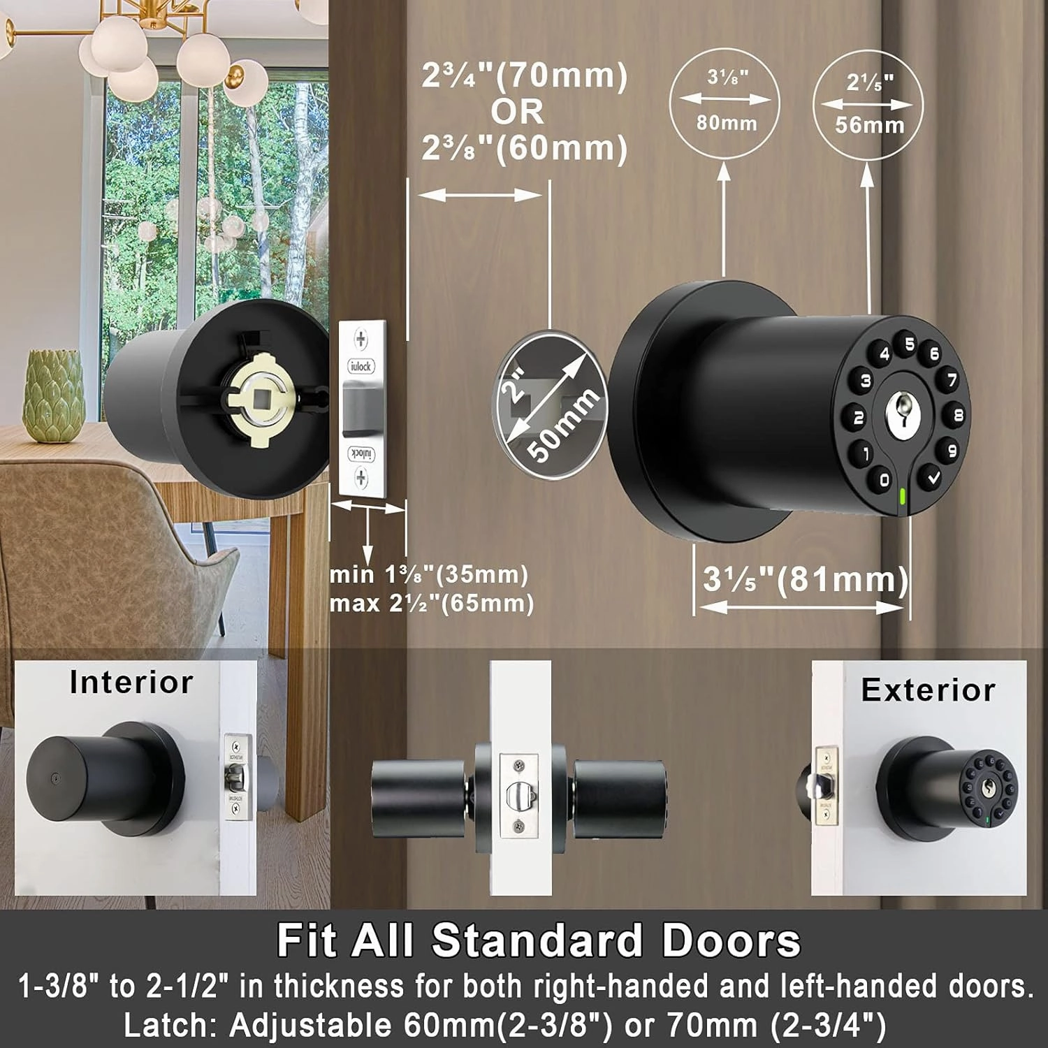Keypad Door Knob with Key,Keyless Entry Door Lock, Code Locks Door Knob, Auto Lock,50 User Code,Easy to Install,for Home,Office,Hotel,Bedroom,Garage,No Deadbolt, Matte Black Finish