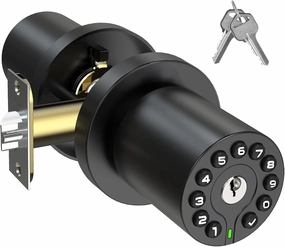 Keypad Door Knob with Key,Keyless Entry Door Lock, Code Locks Door Knob, Auto Lock,50 User Code,Easy to Install,for Home,Office,Hotel,Bedroom,Garage,No Deadbolt, Matte Black Finish