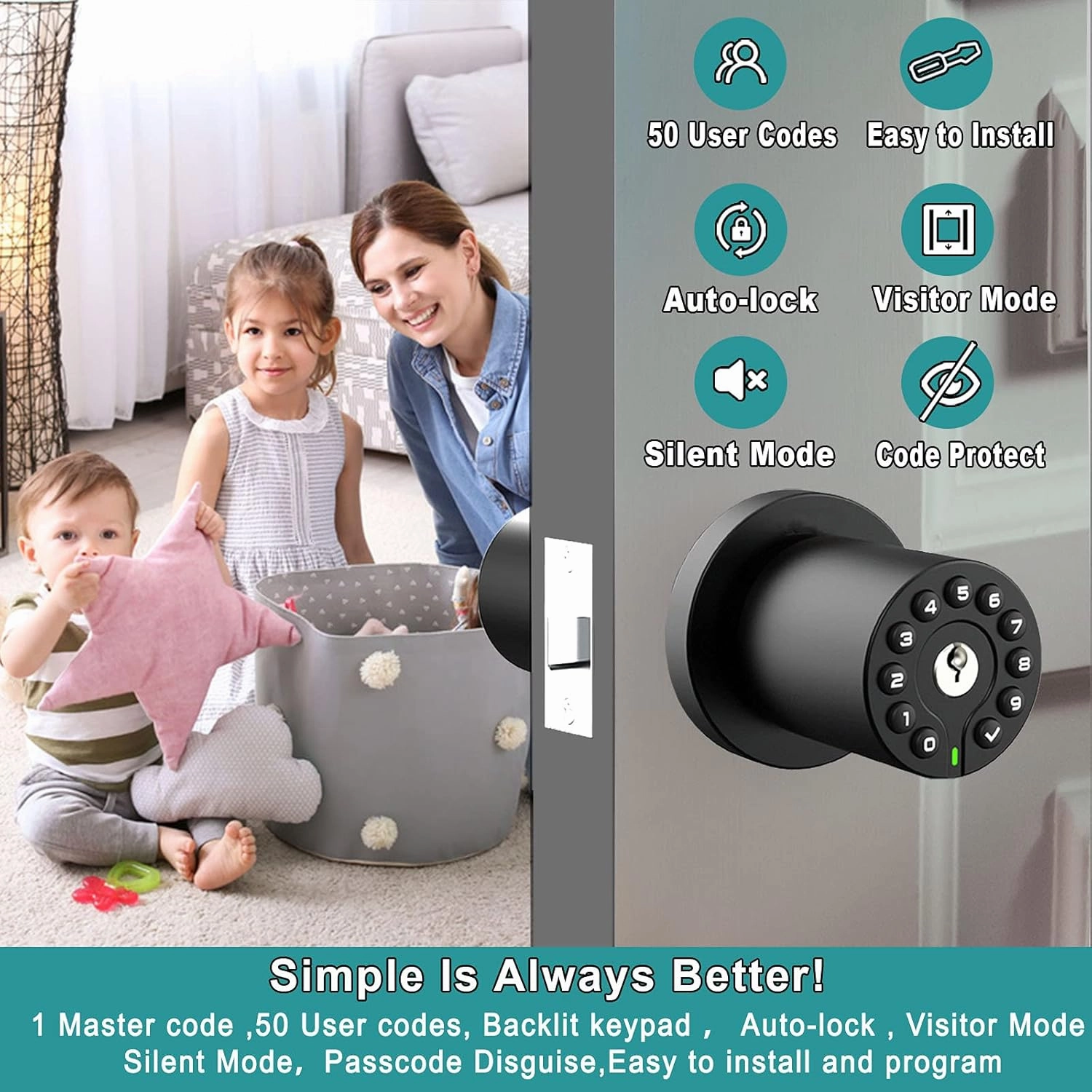 Keypad Door Knob with Key,Keyless Entry Door Lock, Code Locks Door Knob, Auto Lock,50 User Code,Easy to Install,for Home,Office,Hotel,Bedroom,Garage,No Deadbolt, Matte Black Finish