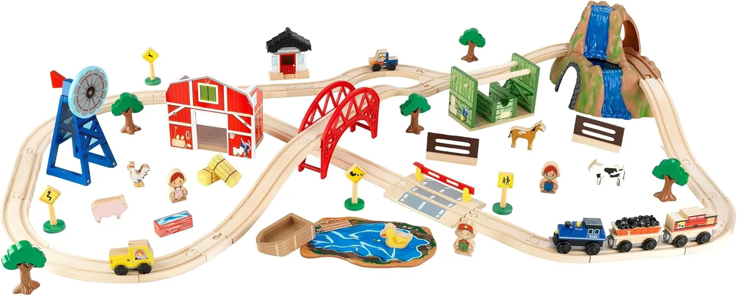 KidKraft Wooden Rural Farm Train Set with 75 Pieces, Children's Toy Vehicle Playset, Gift for Ages 3 