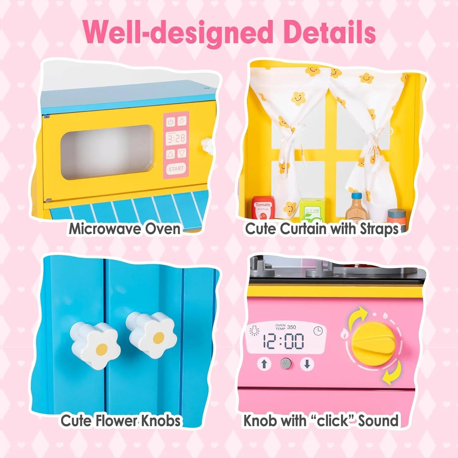 Kids Kitchen Playset, Wooden Pretend Play Kitchen for Kids w/Faucet, Sink, Stove, Oven, Curtains, Cookware, Storage Cabinets, Toddler Role Play Toy Kitchen Set Gift for Girls Boys Ages 3 