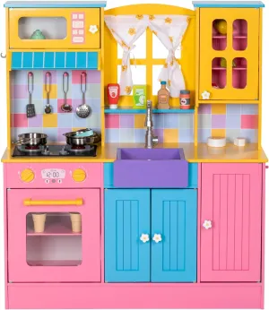 Kids Kitchen Playset, Wooden Pretend Play Kitchen for Kids w/Faucet, Sink, Stove, Oven, Curtains, Cookware, Storage Cabinets, Toddler Role Play Toy Kitchen Set Gift for Girls Boys Ages 3 
