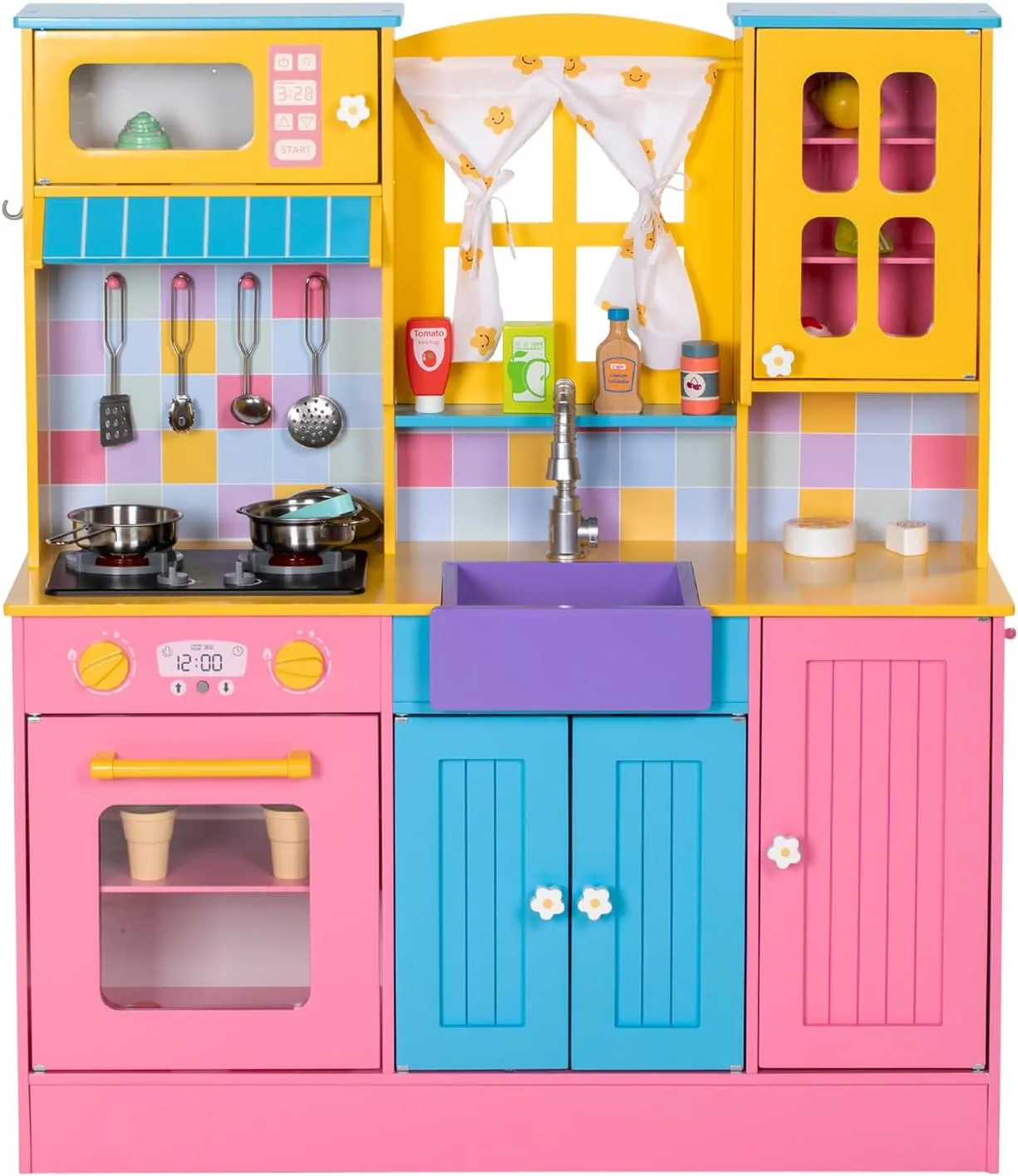 Kids Kitchen Playset, Wooden Pretend Play Kitchen for Kids w/Faucet, Sink, Stove, Oven, Curtains, Cookware, Storage Cabinets, Toddler Role Play Toy Kitchen Set Gift for Girls Boys Ages 3 