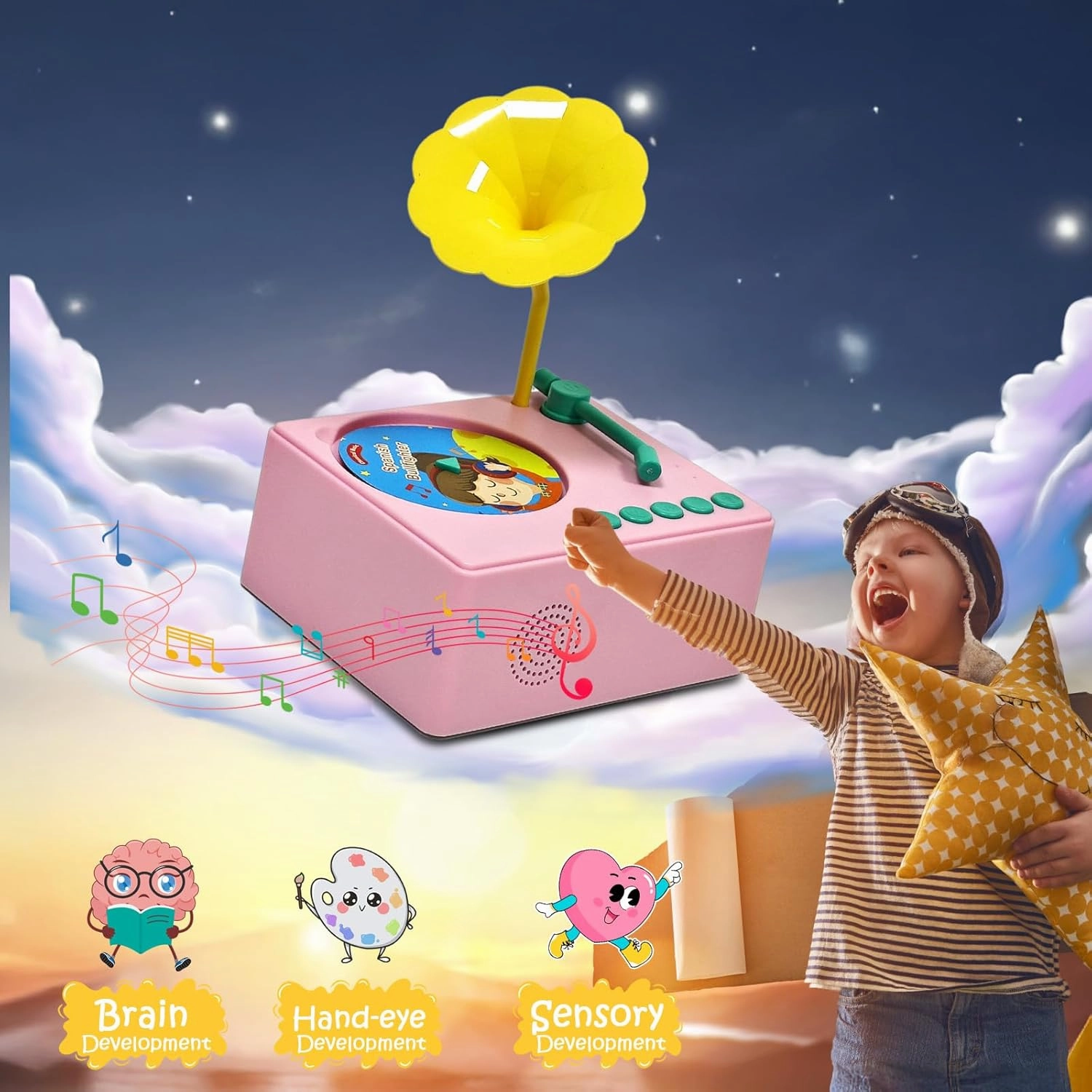 Kids' Gramophone with 96 Learning Cards, Toddler's Pink Phonograph Music Player Gift