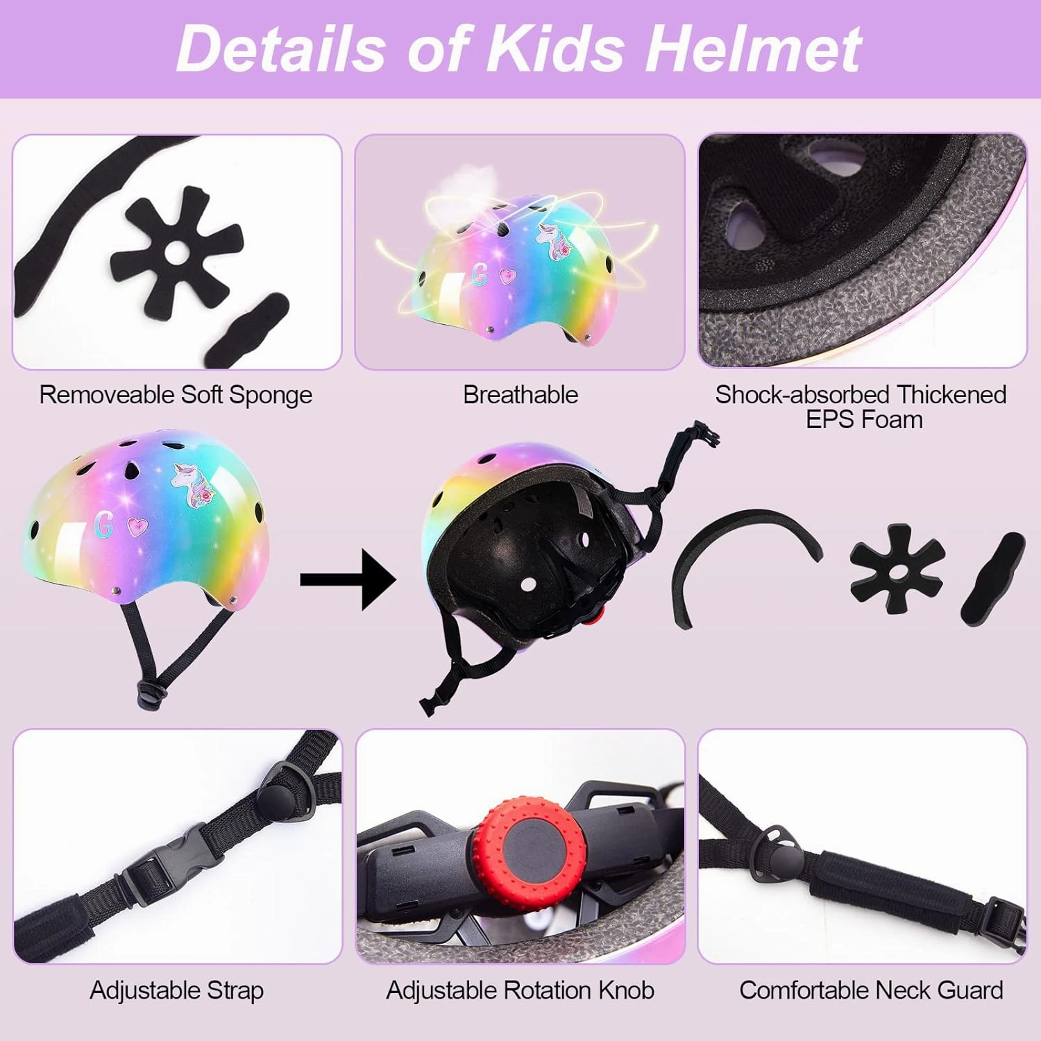 Kids Helmet, Toddler Bike Helmet with DIY Stickers Unicorn Knee Pads and Elbow Pads Set Adjustable Protective Gear Set for Girls Age 3-5-8 Years