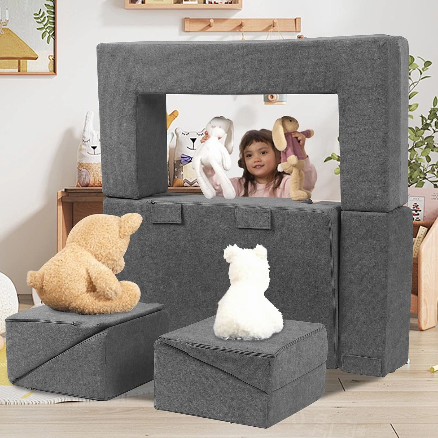 Kids Play Couch Foam Climbing Blocks for Toddlers Sofa Convertible Climbing Toy for Creative Child Girls and Boys Climber Playroom Furniture (Dark Grey)