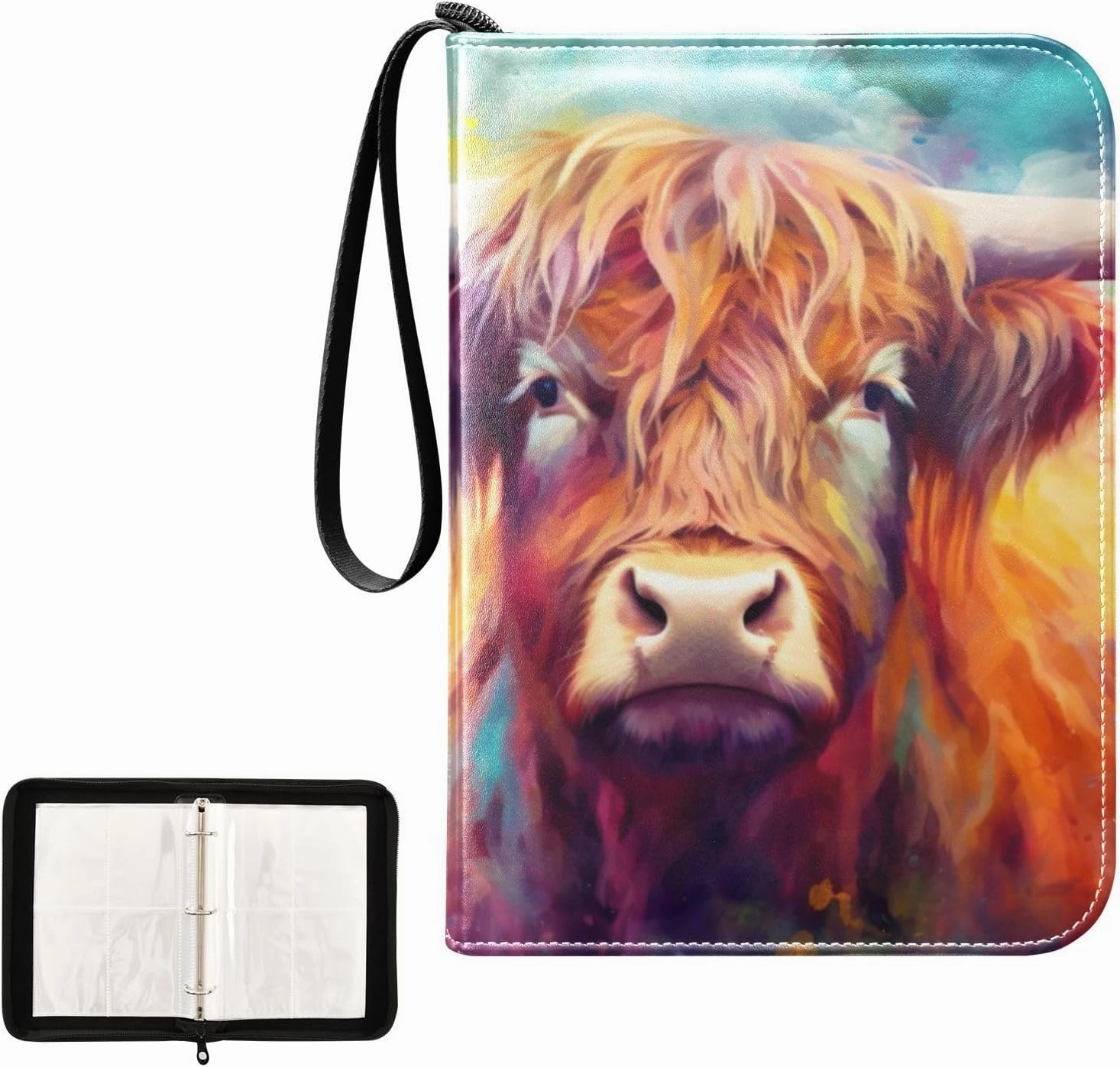 Kigai Cow Painting Trading Card Binder, 4 Pockets Card Album with 400 Cards, Waterproof PU Zip Portable Card Holder for Sports Cards, Game Cards