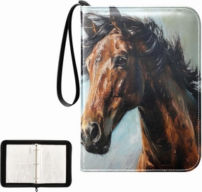 Kigai Horse Painting Trading Card Binder, 4 Pockets Card Album with 400 Cards, Waterproof PU Zip Portable Card Holder for Sports Cards, Game Cards