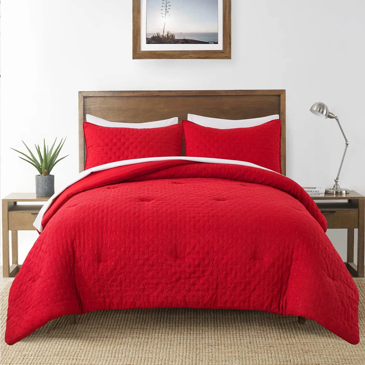 King Size Bed in Bed 90""x 104"", 3-Piece King Comforter Set with 2 Pillowcases - 480GSM Creased Texture Embossed Quilted Design Farmhouse Comforter Set for All Season, Burgundy