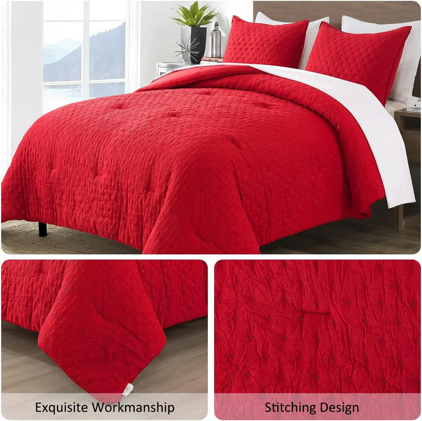 King Size Bed in Bed 90""x 104"", 3-Piece King Comforter Set with 2 Pillowcases - 480GSM Creased Texture Embossed Quilted Design Farmhouse Comforter Set for All Season, Burgundy