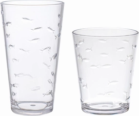 KLIFA- CHARLESTON- 16.5 & 19 oz, Set of 8, School of Fish Acrylic Drinking Glasses, BPA-Free, Stackable Plastic Drinkware, Dishwasher Safe Cups, Clear