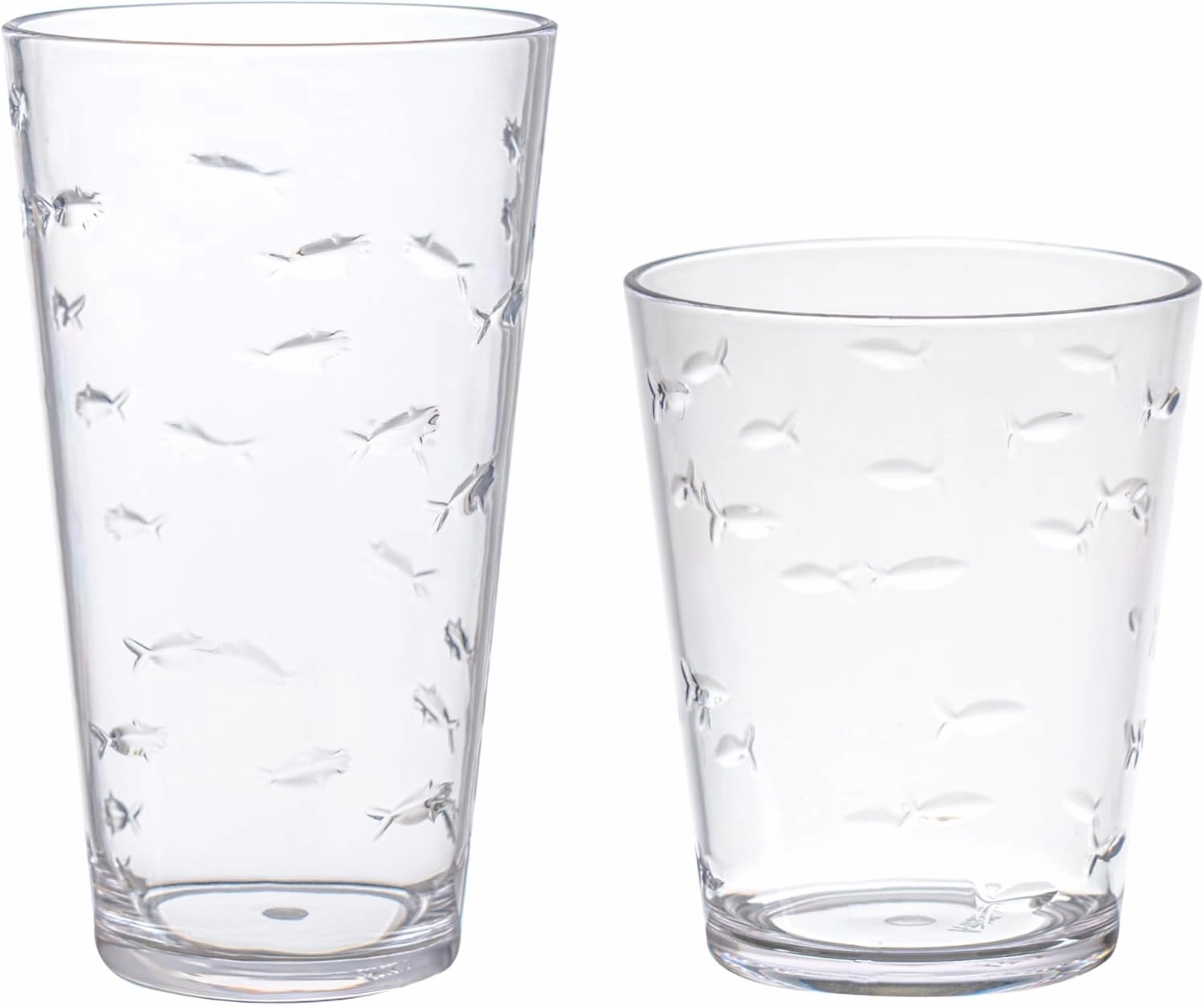 KLIFA- CHARLESTON- 16.5 & 19 oz, Set of 8, School of Fish Acrylic Drinking Glasses, BPA-Free, Stackable Plastic Drinkware, Dishwasher Safe Cups, Clear
