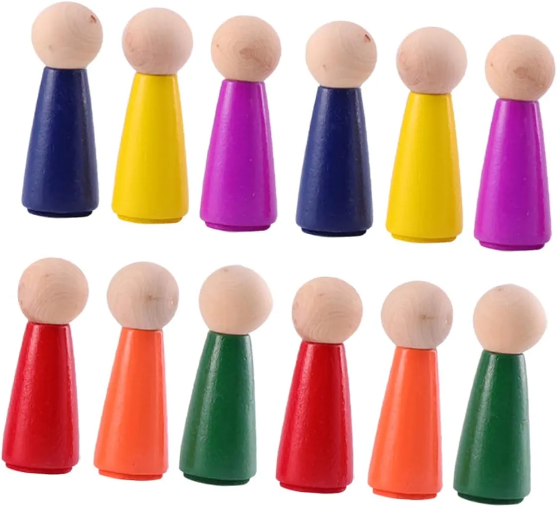 KONTONTY 12pcs Peg Dolls Puppet Toys for Boys and Projects Unfinished Natural Wood Figures for Art Drawing and Coordination Skills Development