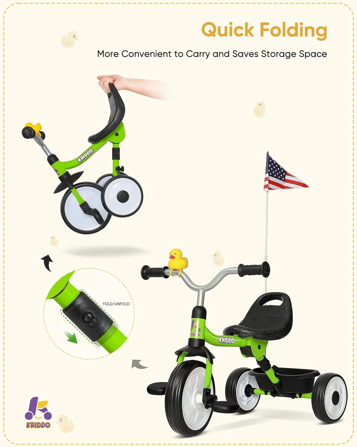 KRIDDO Kids Tricycle for 18 Months to 3 Years, Foldable Toddler Tricycle with Storage Basket, Kids Trike for 2 Years, Adjustable Easy to Carry Ergonomic Seat, Stable Structure for Smooth Ride, Green
