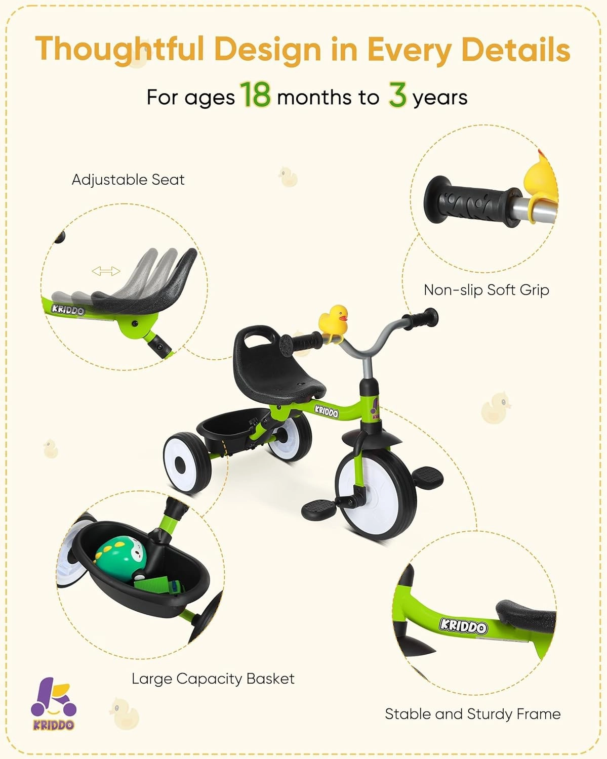KRIDDO Kids Tricycle for 18 Months to 3 Years, Foldable Toddler Tricycle with Storage Basket, Kids Trike for 2 Years, Adjustable Easy to Carry Ergonomic Seat, Stable Structure for Smooth Ride, Green